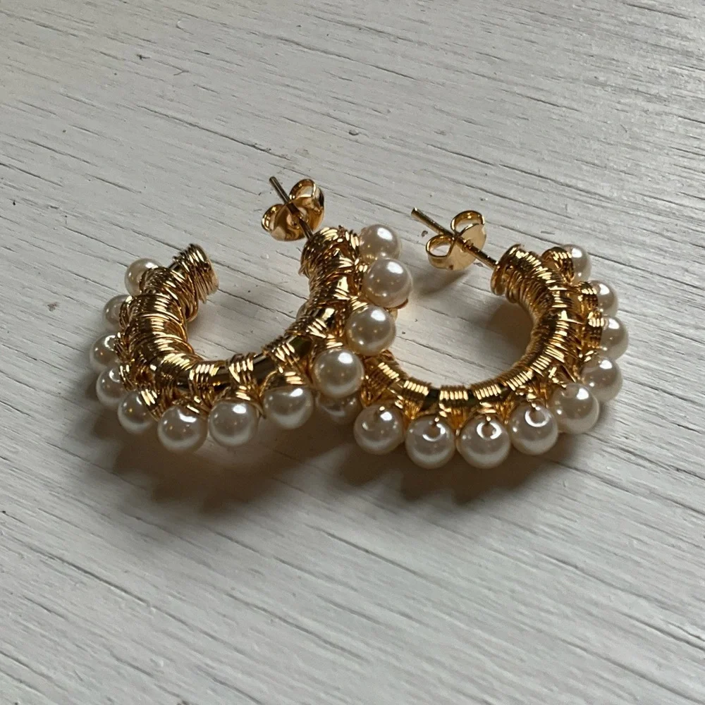 Gold and Pearl Wrapped Hoop Earrings - Picture 5 of 5